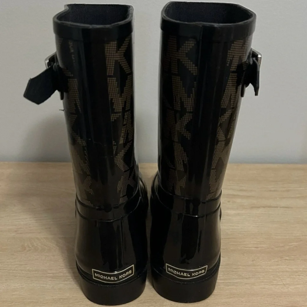 Michael Kors Monogram Print‎ Black and Brown Buckle Rain Boots Preppy Luxe Style